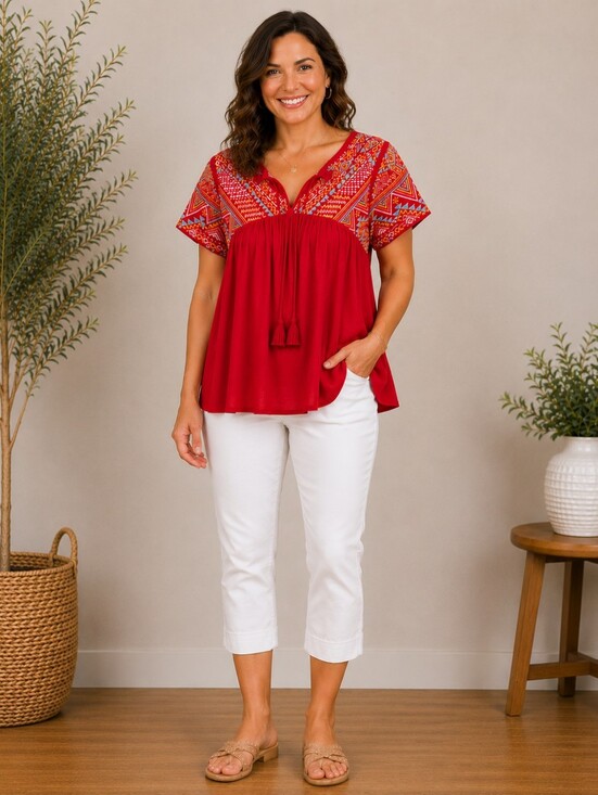 Savanna Jane Tops - Savanna Jane Embroidered Boho Peasant Top Tassel Tie Medium